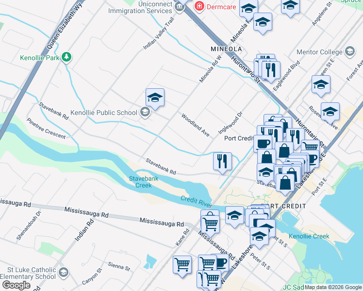 map of restaurants, bars, coffee shops, grocery stores, and more near in Mississauga
