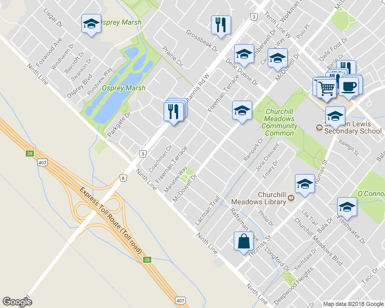 map of restaurants, bars, coffee shops, grocery stores, and more near 3863 Manatee Way in Mississauga