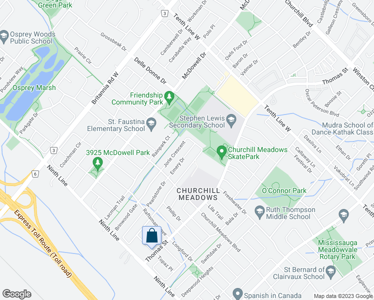 map of restaurants, bars, coffee shops, grocery stores, and more near 3617 Emery Drive in Mississauga