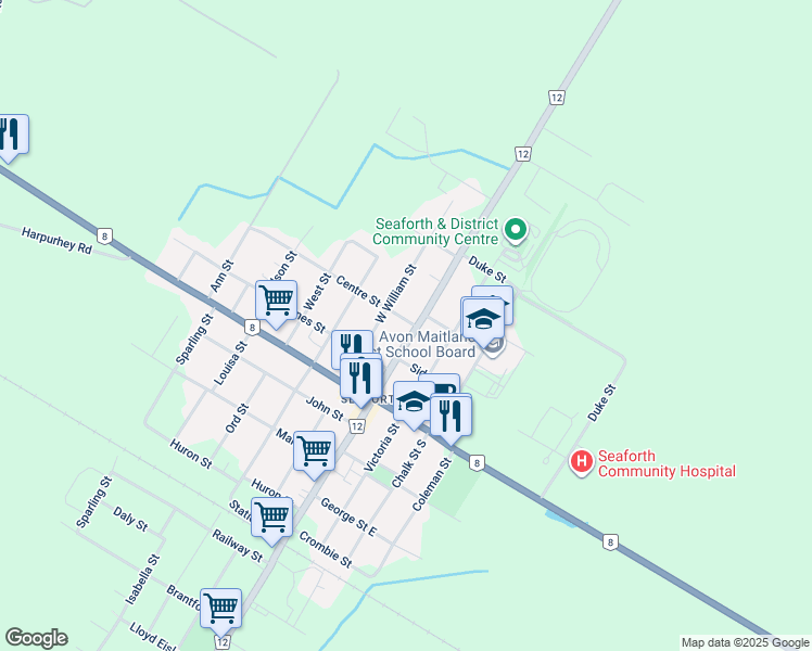 map of restaurants, bars, coffee shops, grocery stores, and more near 60 Main Street North in Huron County