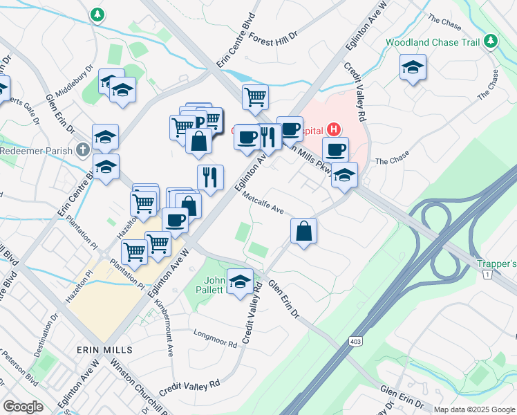 map of restaurants, bars, coffee shops, grocery stores, and more near 4608 Metcalfe Avenue in Mississauga