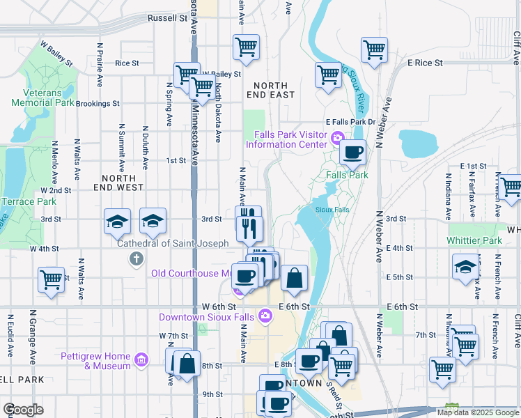 map of restaurants, bars, coffee shops, grocery stores, and more near 701 North Phillips Avenue in Sioux Falls