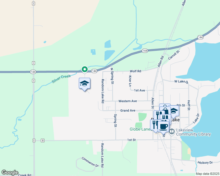 map of restaurants, bars, coffee shops, grocery stores, and more near 711 North Spring Street in Random Lake