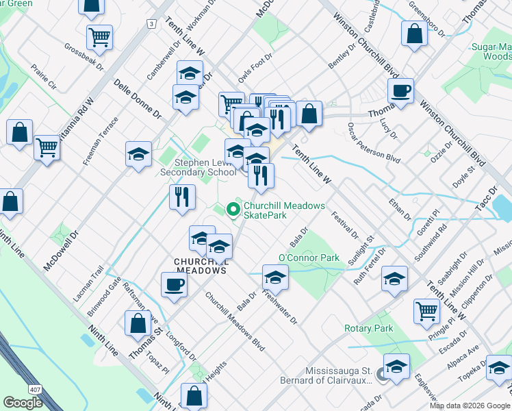 map of restaurants, bars, coffee shops, grocery stores, and more near 5690 Longboat Avenue in Mississauga