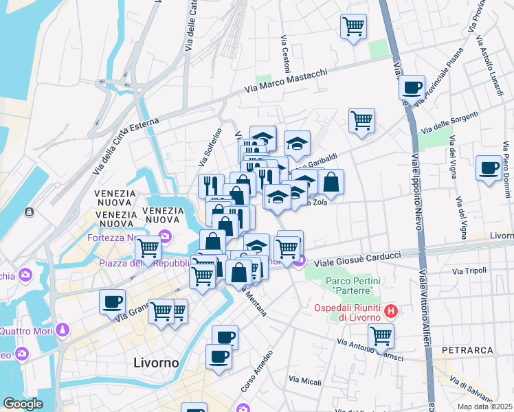 map of restaurants, bars, coffee shops, grocery stores, and more near 136 Via Terrazzini in Livorno