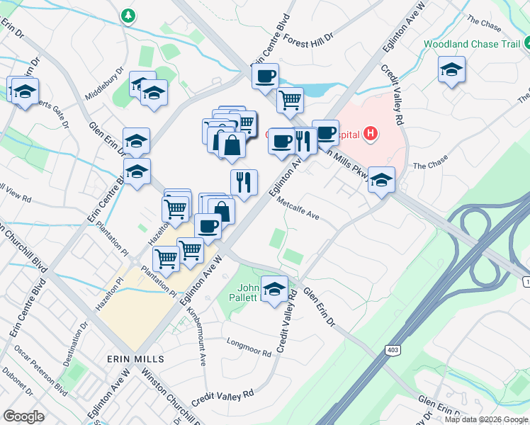 map of restaurants, bars, coffee shops, grocery stores, and more near 4677 Glen Erin Drive in Mississauga