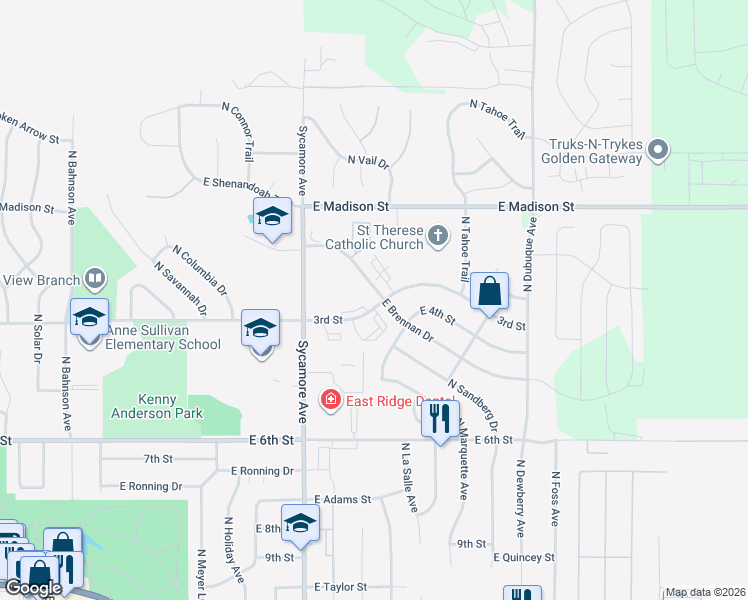 map of restaurants, bars, coffee shops, grocery stores, and more near 4620 East 3rd Street in Sioux Falls