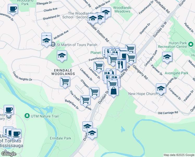 map of restaurants, bars, coffee shops, grocery stores, and more near 3068 Lenester Drive in Mississauga