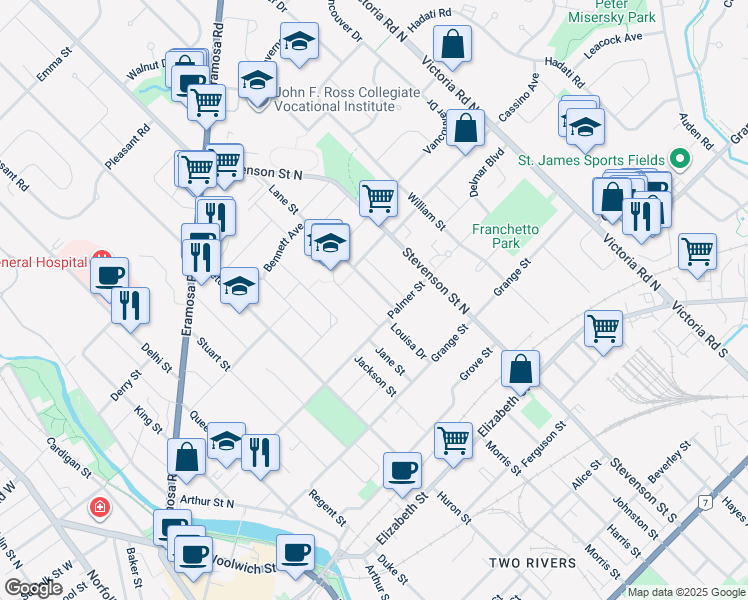 map of restaurants, bars, coffee shops, grocery stores, and more near 4 Lane Street in Guelph