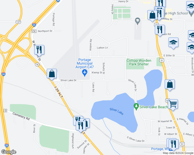 map of restaurants, bars, coffee shops, grocery stores, and more near 917 Silver Lake Drive in Portage