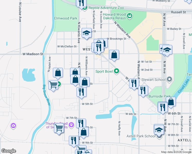 map of restaurants, bars, coffee shops, grocery stores, and more near 613 North Garfield Avenue in Sioux Falls