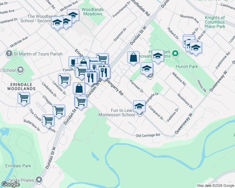 map of restaurants, bars, coffee shops, grocery stores, and more near 2556 Glengarry Road in Mississauga