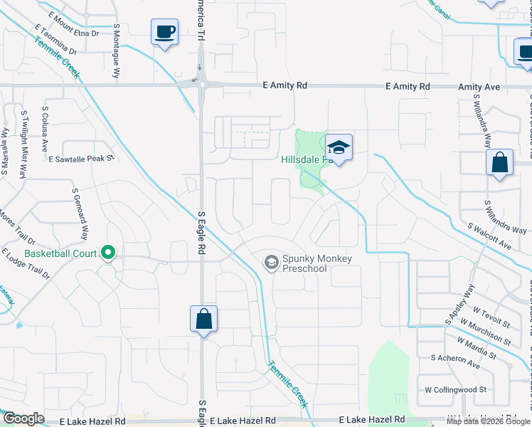 map of restaurants, bars, coffee shops, grocery stores, and more near 5425 South Hill Farm Avenue in Meridian