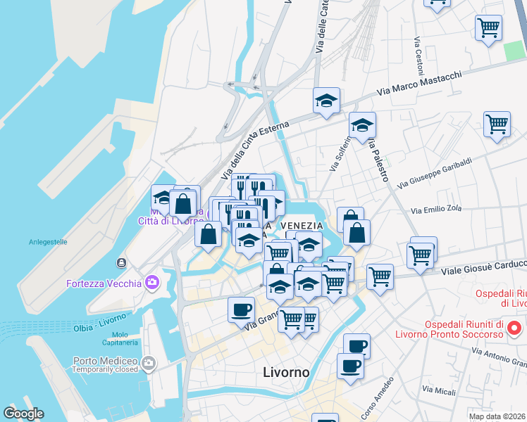 map of restaurants, bars, coffee shops, grocery stores, and more near Via del Casino in Livorno