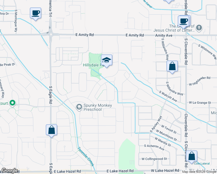 map of restaurants, bars, coffee shops, grocery stores, and more near 5440 South Pinland Avenue in Meridian