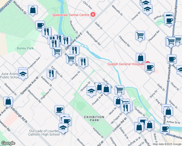 map of restaurants, bars, coffee shops, grocery stores, and more near 507 Woolwich Street in Guelph