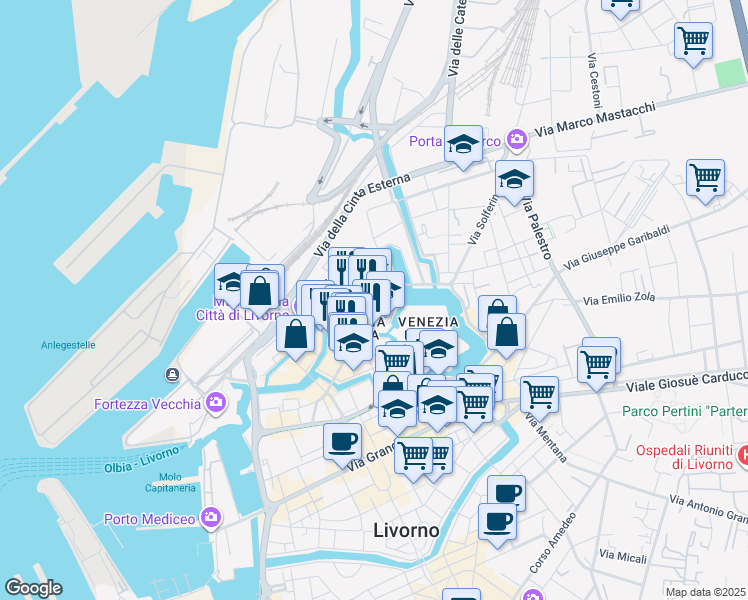 map of restaurants, bars, coffee shops, grocery stores, and more near Via del Casino in Livorno