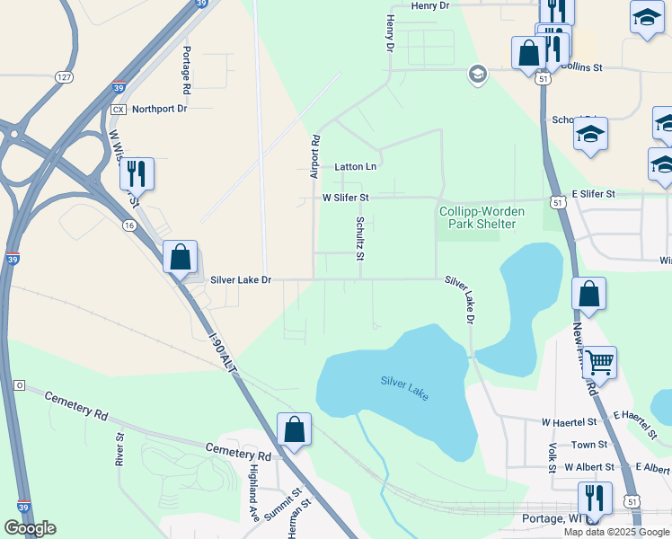 map of restaurants, bars, coffee shops, grocery stores, and more near 917 Silver Lake Drive in Portage