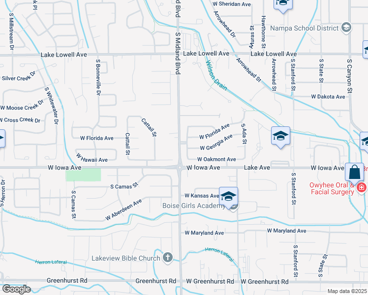 map of restaurants, bars, coffee shops, grocery stores, and more near 1404 South Benewah Street in Nampa