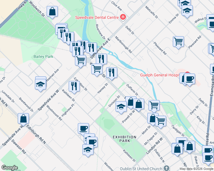 map of restaurants, bars, coffee shops, grocery stores, and more near 546 Woolwich Street in Guelph