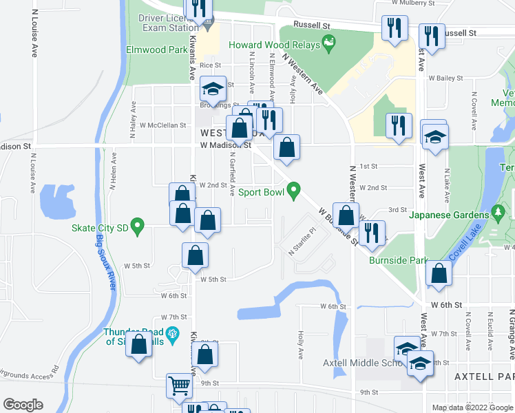 map of restaurants, bars, coffee shops, grocery stores, and more near 701 North Elmwood Avenue in Sioux Falls