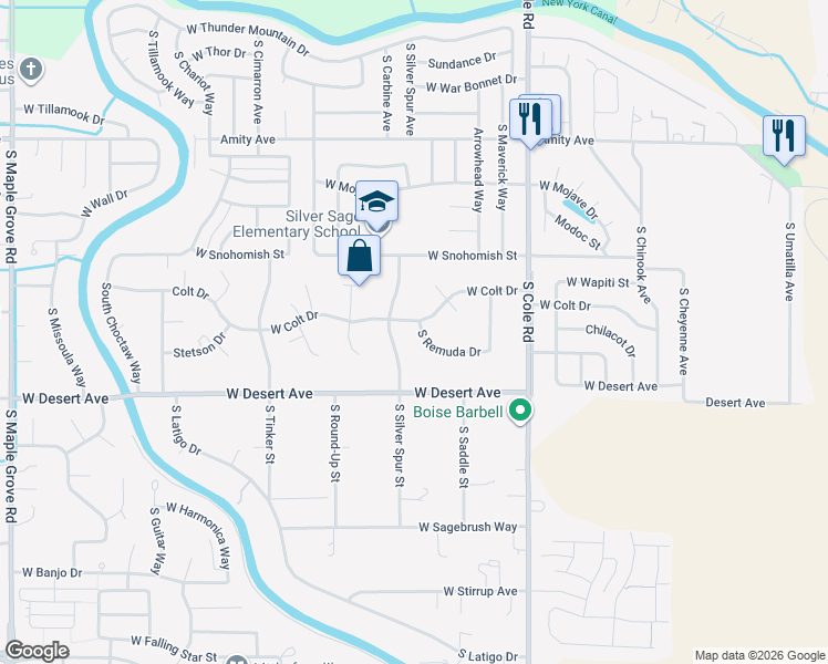 map of restaurants, bars, coffee shops, grocery stores, and more near 7735 Remuda Drive in Boise