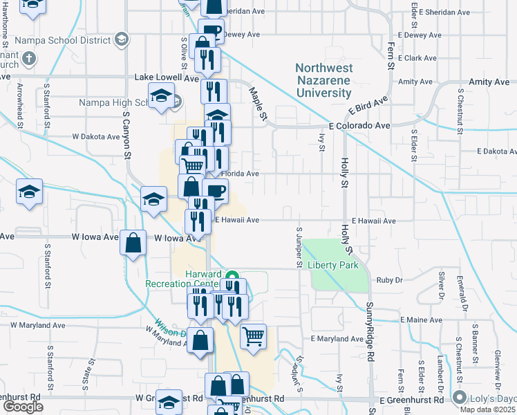 map of restaurants, bars, coffee shops, grocery stores, and more near 308 East Hawaii Avenue in Nampa