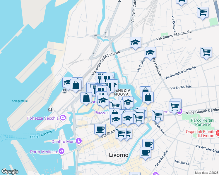 map of restaurants, bars, coffee shops, grocery stores, and more near Via del Casino in Livorno