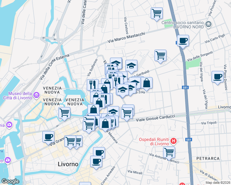 map of restaurants, bars, coffee shops, grocery stores, and more near 136 Via Terrazzini in Livorno