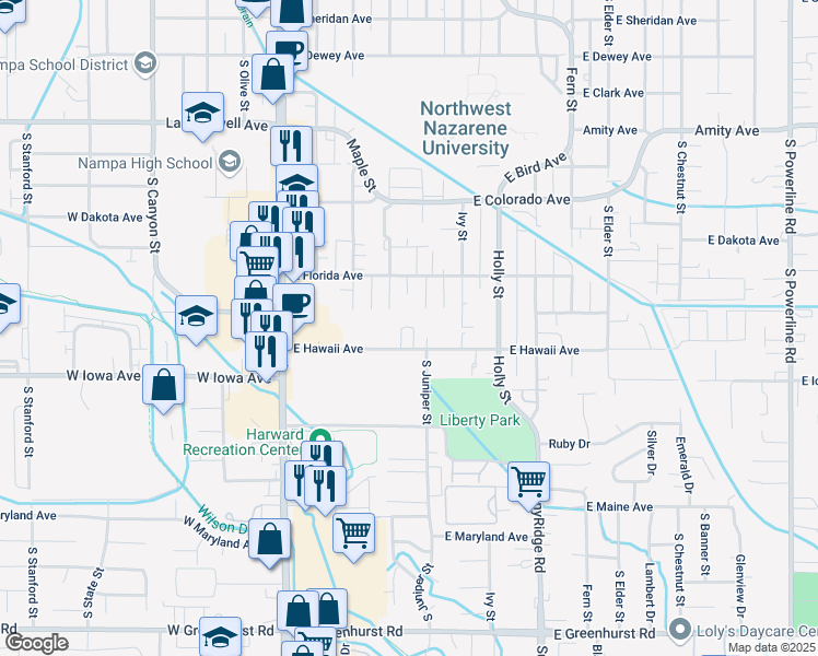 map of restaurants, bars, coffee shops, grocery stores, and more near 412 East Hawaii Avenue in Nampa