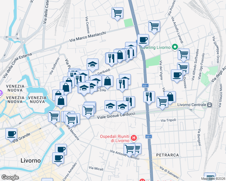 map of restaurants, bars, coffee shops, grocery stores, and more near 36 Via Emilio Zola in Livorno