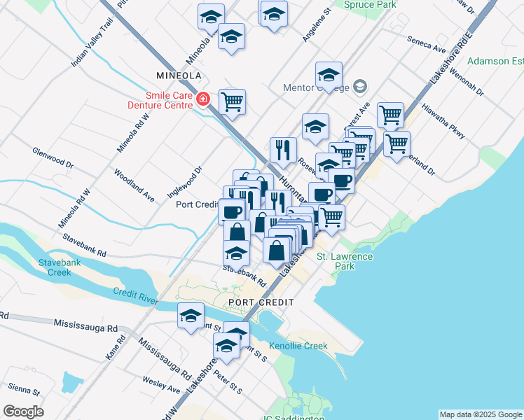 map of restaurants, bars, coffee shops, grocery stores, and more near 70 Park Street East in Mississauga
