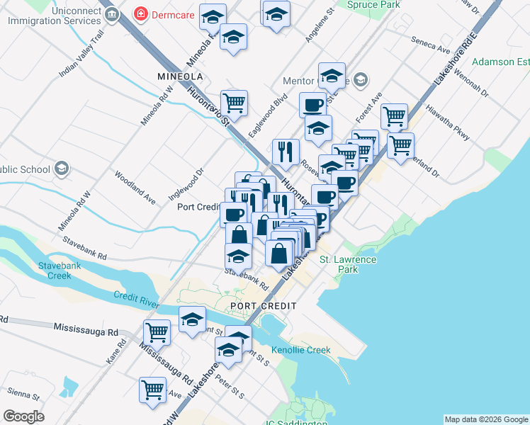 map of restaurants, bars, coffee shops, grocery stores, and more near 70 Park Street East in Mississauga