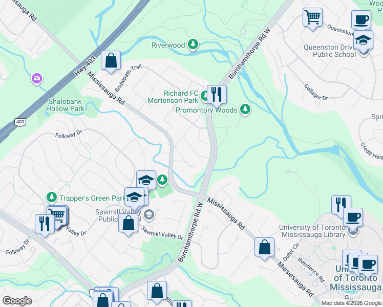 map of restaurants, bars, coffee shops, grocery stores, and more near 3954 Selkirk Place in Mississauga