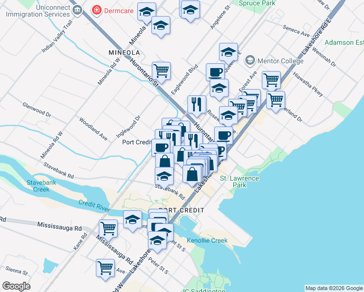 map of restaurants, bars, coffee shops, grocery stores, and more near 70 Park Street East in Mississauga