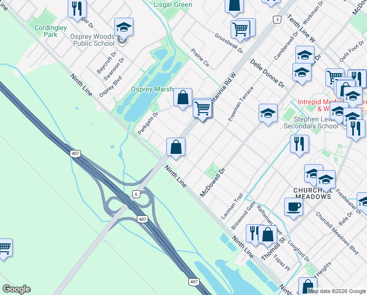 map of restaurants, bars, coffee shops, grocery stores, and more near 3864 Coachman Circle in Mississauga