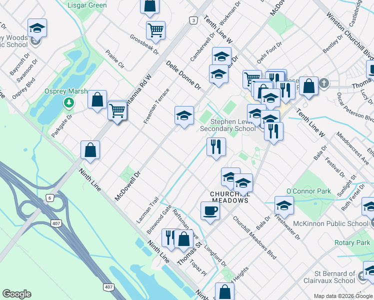 map of restaurants, bars, coffee shops, grocery stores, and more near 5815 Rainspring Drive in Mississauga