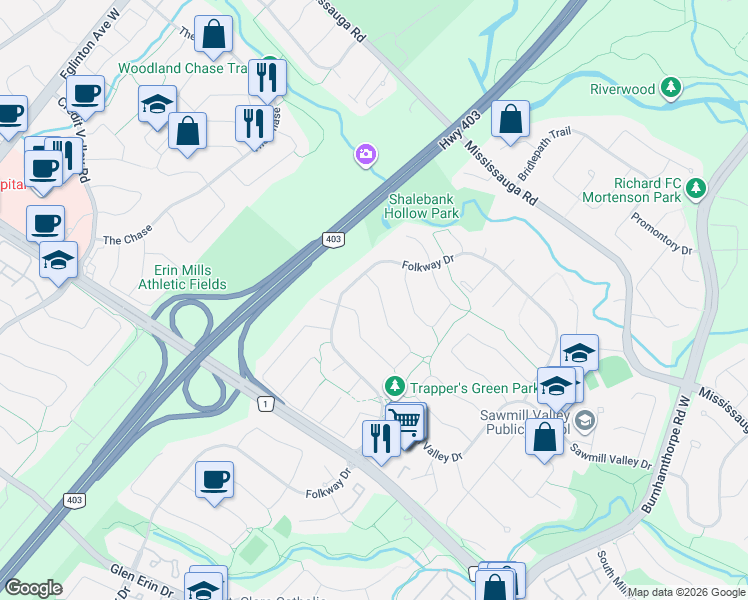 map of restaurants, bars, coffee shops, grocery stores, and more near 4053 Trapper Crescent in Mississauga