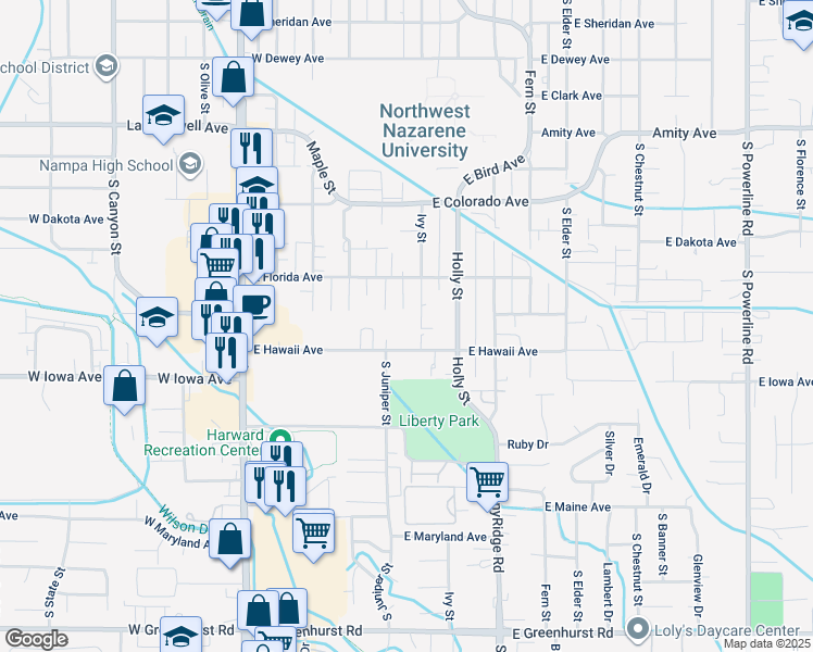 map of restaurants, bars, coffee shops, grocery stores, and more near 516 East Hawaii Avenue in Nampa