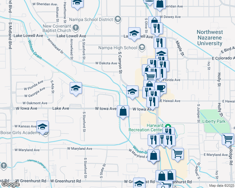 map of restaurants, bars, coffee shops, grocery stores, and more near 1412 South Edgewater Circle in Nampa