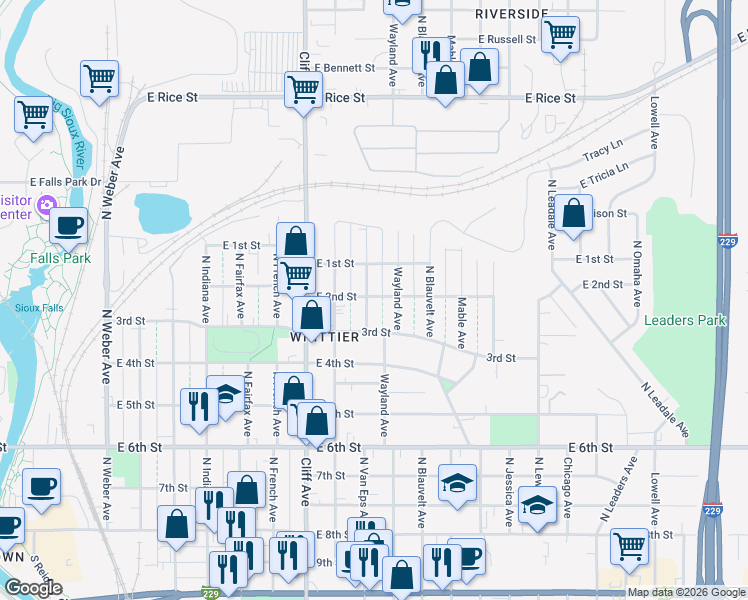 map of restaurants, bars, coffee shops, grocery stores, and more near 717 North Wayland Avenue in Sioux Falls