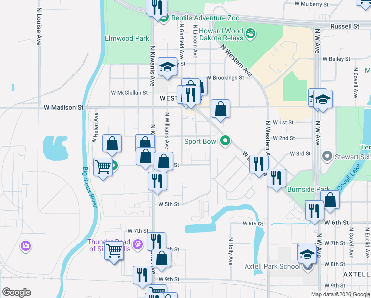 map of restaurants, bars, coffee shops, grocery stores, and more near 613 North Garfield Avenue in Sioux Falls