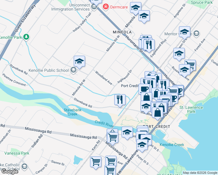 map of restaurants, bars, coffee shops, grocery stores, and more near 181 Inglewood Drive in Mississauga