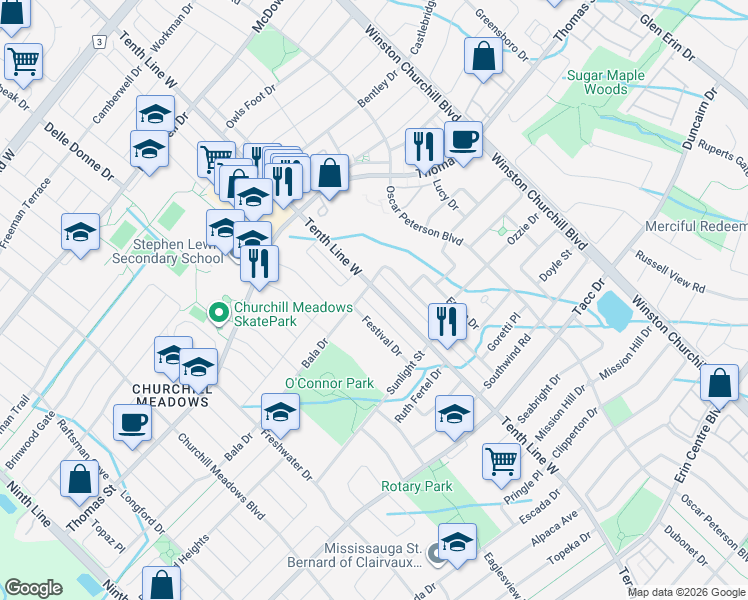 map of restaurants, bars, coffee shops, grocery stores, and more near 5494 Tenth Line West in Mississauga