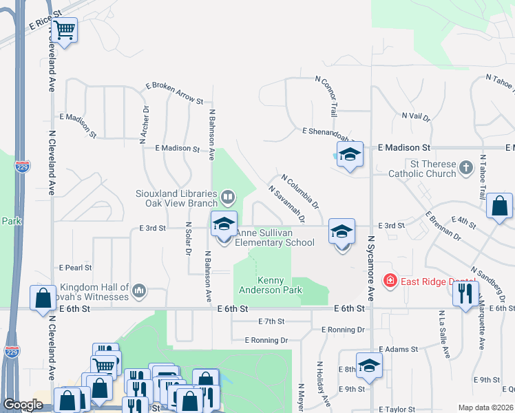 map of restaurants, bars, coffee shops, grocery stores, and more near 719 North Montgomery Court in Sioux Falls