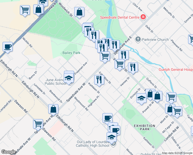 map of restaurants, bars, coffee shops, grocery stores, and more near 11 Chester Street in Guelph