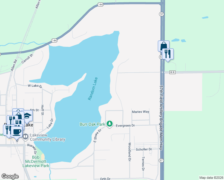 map of restaurants, bars, coffee shops, grocery stores, and more near 151 East Shore Drive in Random Lake