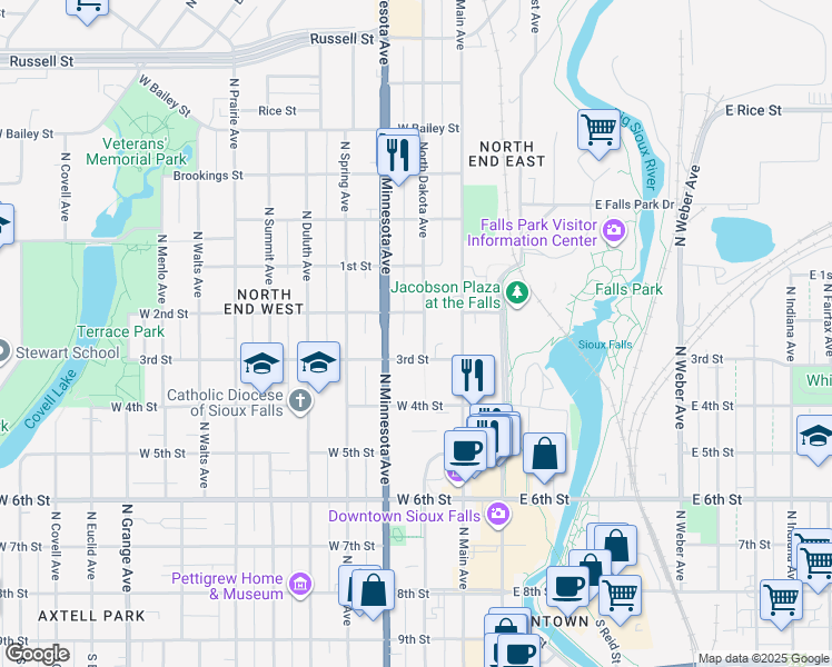 map of restaurants, bars, coffee shops, grocery stores, and more near 305 West 2nd Street in Sioux Falls