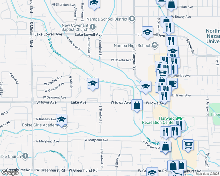 map of restaurants, bars, coffee shops, grocery stores, and more near 1328 South Edgewater Circle in Nampa