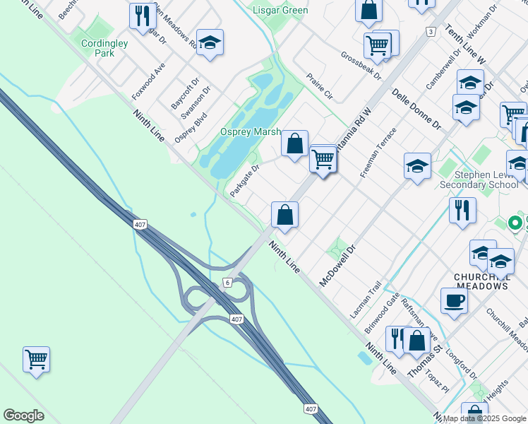 map of restaurants, bars, coffee shops, grocery stores, and more near in Mississauga